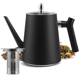 Stainless Steel Teapot with Strainer Insert, 1.5 L Black Teapot with Heat Resistant Handle for Fruit Herbs and Infusion Tea, Double-Walled Insulated Stainless Steel Teapot for Tea Coffee