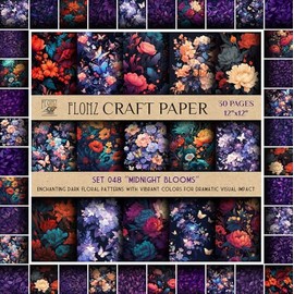 Scrapbook Paper (30 pages 12"x12") Midnight Blooms: Enchanting Dark Floral Patterns with Vibrant Colors for Dramatic Visual Impact FLONZ Vintage Styled Double Sided Paper Pad for Craft Cardmaking