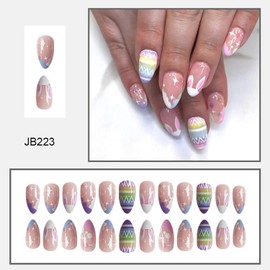 24 Pcs Easter Press on Nails Medium Almond Fake Nails Nude Pink Full Cover False Nails with Rabbit Ears ＆ Easter Eggs Designs Glossy Stick on Nails Artificial Nails for Women Girls