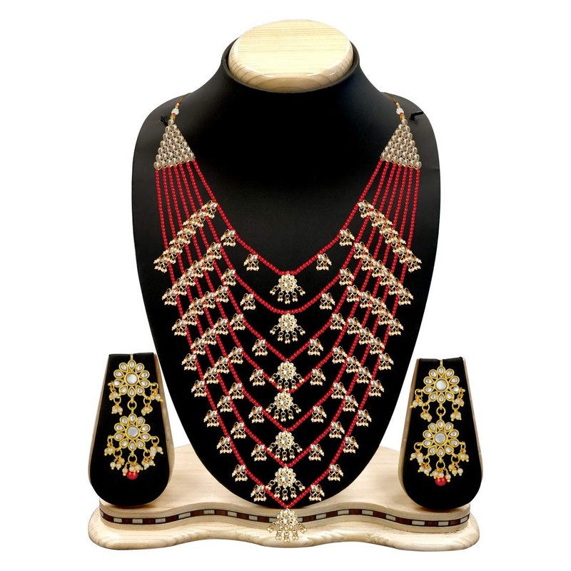 Aheli Multi Layered Red Pearl con Kundan Collar Pendiente Indio