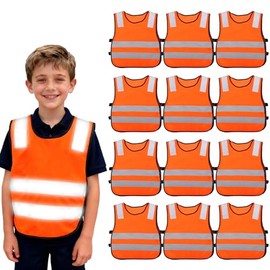 PORFOYO Pack of 12 High Visibility Vests for Car, High Visibility Vest, Children, Safety Vest, 40 x 45 cm, Reflective Vest Children for Sports, Running, Bike, School, Car, Boys, Girls (Orange)