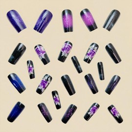Medium Press on Nails Coffin Shape Acrylic Fake Nails Press Ons Black Gradient False Nails with Starry Sky Designs Purple Flower Stick on Nails Reusable Glue on Nails for Women Girls 24Pcs
