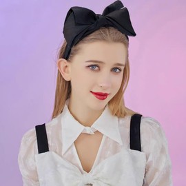 Lexziuo 1PCS Big Bowknot Headband Bows for Women & Girls - Wide Knotted Hair Accessories, Large Fashion Bows Headpieces, Elegant Hair Hoops for Women's Hair Styling (BLACK, normal)