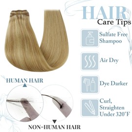 RUNATURE Clip Real Hair Extensions Gold Blonde with Light Blonde Clip-In Hair Extensions, Remy Real Hair Clip-in Blonde Extensions, Straight Hair Clip-in 35 cm, #16P24, 120 g