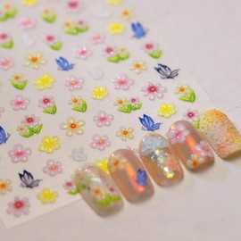 5D Embossed Flower Nail Stickers for Nail Art Summer Flowers Nail Art Stickers Self-Adhesive Butterfly Nail Decals Design Yellow Pink Floral Nail Supplies for Women Nail Decoration