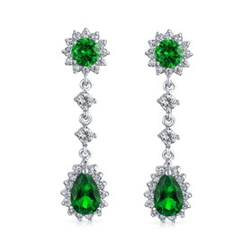 Long Green Teardrop CZ Crown Clip On Dangle Chandelier Earring Simulated Emerald Cubic Zirconia Rhodium Plated Brass
