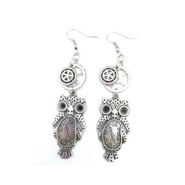 MINIDUO Steampunk Style Drop Earrings,Antique Bronze Vintage Gear Owl Clock Pendant Dangle Earrings for Women -Silver