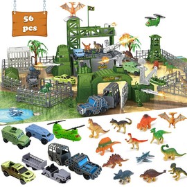 Army Toys and Dinosaur Toys, Large Battle Playset Set Includes Army Men Action Figures, Dinosaur Figures, Helicopters, Trucks, Cannon, Tents, Military Equipment Fence, Combatants Armored Car, Commanders, Je-eps (56PCS)