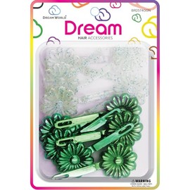 Dream World Self Hinge Barrette Daisy Metallic & Glitter Green Mix 12 Piece Pack BR2574GGN