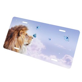 Snowmolle African Lion Butterfly Sitting On Nose License Plate Decorative Car Front License Plate Cover Vanity Tag Metal Car Plate Aluminum Novelty License Plate for Men/Women Car 6 X 12 Inch