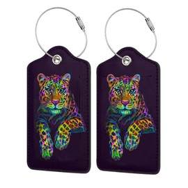 2 Pack Colorful Leopard Abstract Animal Luggage Tags for Suitcases,Abstract Animal Leather Baggage Suitcases Tag Name ID Label Privacy Cover Travel Bag Tags for Women Men Boys Girls