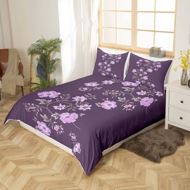 Purple Floral Duvet Cover Queen Size,Plants and Flowers Comforter Cover with 2 Pillowcase for Teens Adults,Kids Botanical Floral Bedding Set,Purple Breathable 3 Pieces Decorative Bed Cover