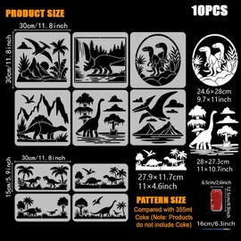 FINGERINSPIRE 10 Pcs Dinosaurs Painting Stencil with Brush 5.9/11.8 Inch Jurassic Period Plants and Dinosaurs Pattern Drawing Template DIY Art Decoration Stencil for Painting on Wood Fabric Furniture