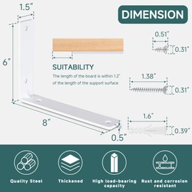 10 Pcs L Shelf Brackets, 8 x 6 Inch Heavy Duty Metal Floating Shelf Bracket, 1/2" Thick Hidden 90° Angle Wall Shelf Support Brackets for Kitchen, Bathroom, Warehouse, 160 lb Load Capacity(White)