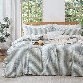 MILDLY Jacquard Stripe Duvet Cover - Sage Green 100% Washed Cotton Boho Textured Comforter Cover 3pcs with Zipper Closure 80"x90"
