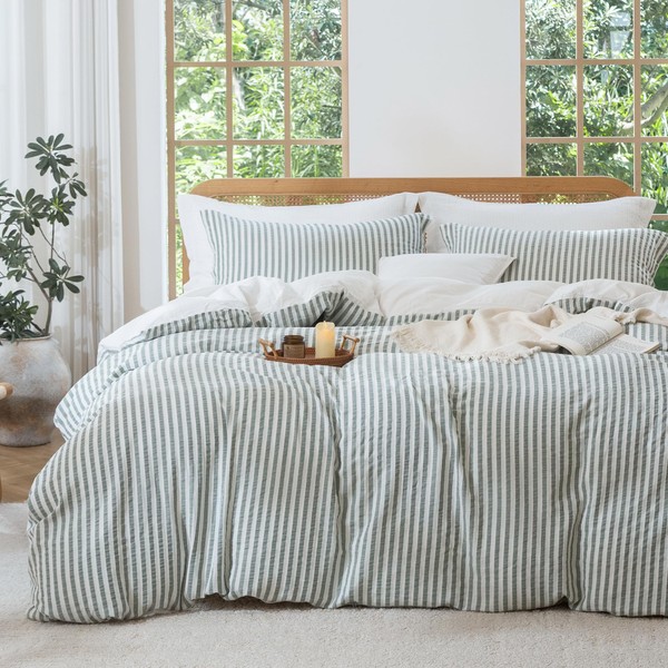 MILDLY Jacquard Stripe Duvet Cover - Sage Green 100% Washed