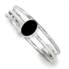 Sterling Silver Onyx Three Strand Cuff Bangle Bracelet