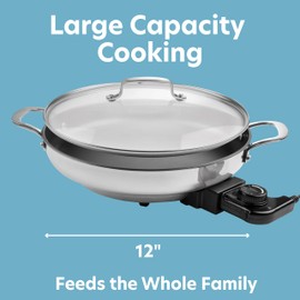 Electric Skillet By Cucina Pro - 18/10 Stainless Steel, Frying Pan with Non Stick Interior, Tempered Glass Lid with Handles, 12" Round, Temperature Control Probe for Adjustable Heat Settings, Portable