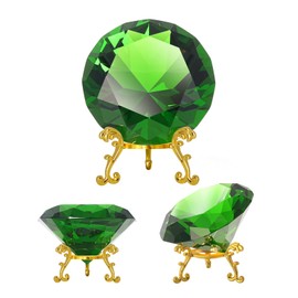 SWTHONY 80mm(3.15 inch) Green Crystal Diamond Paperweight, Diamond Backgrand for Nail Pictures, Hedgehog Chaos Emerald, Big Fake Diamond with Gold Metal Base (Green, 80mm)