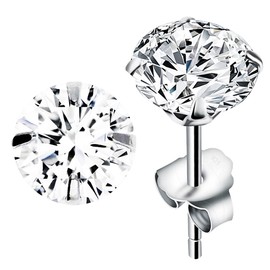 Mya Art Stud Earrings, 925 Sterling Silver with Cubic Zirconia, Solitaire Ring, Diamond-Shaped, White, Small, Round Stud Earrings, Silver Stud Earrings, Silver