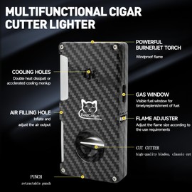 BestCatgift Carbon Fibre Texture Windproof Jet Flame Torch Lighter Cutter | Punch | Cooling Holes | Gas Window | Refillable Butane Lighter with Gift Box