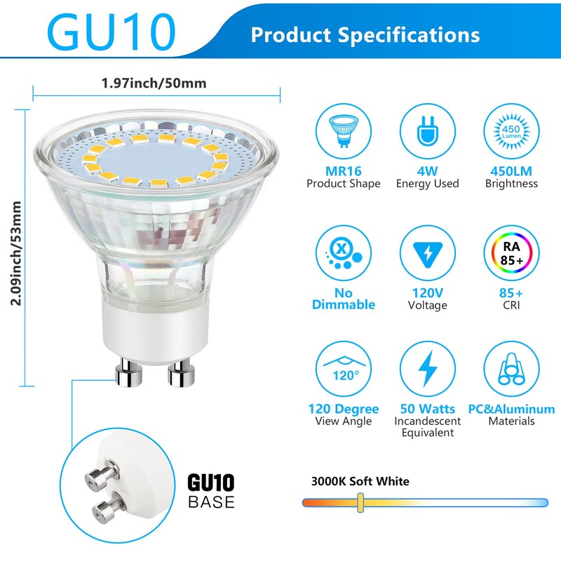 Maylaywood GU10 LED Light Bulb, 50 Watt Halogen Equivalent, Soft