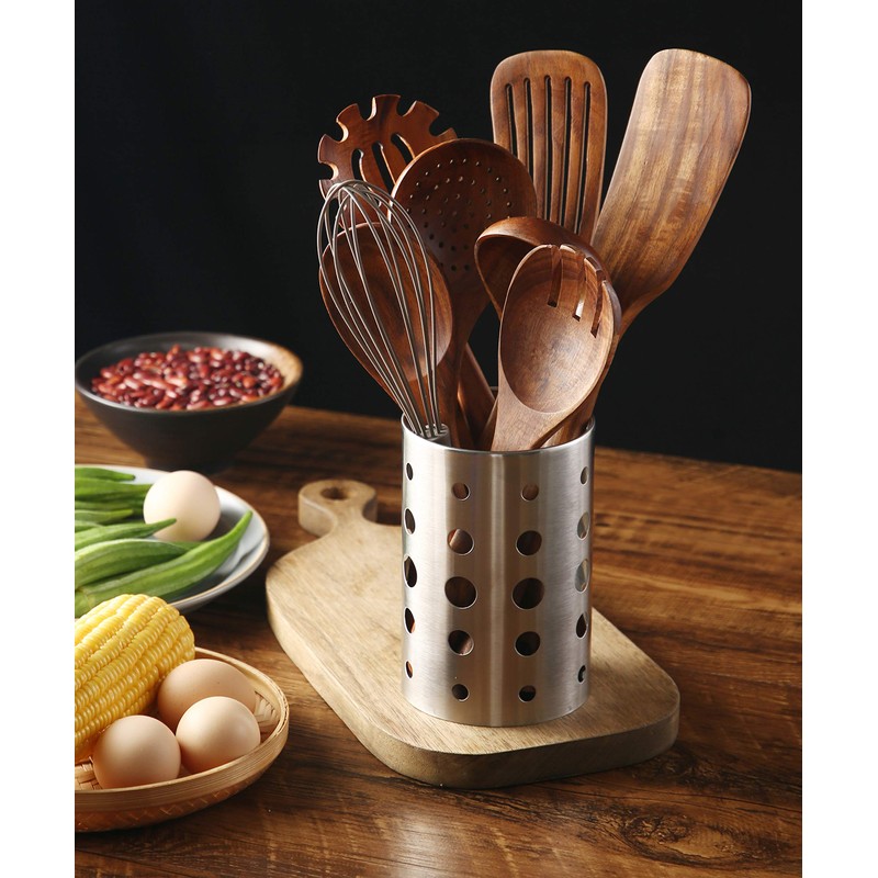 NAYAHOSE Wooden Kitchen Utensils Set with Holder, NAYAHOSE 9 Pcs