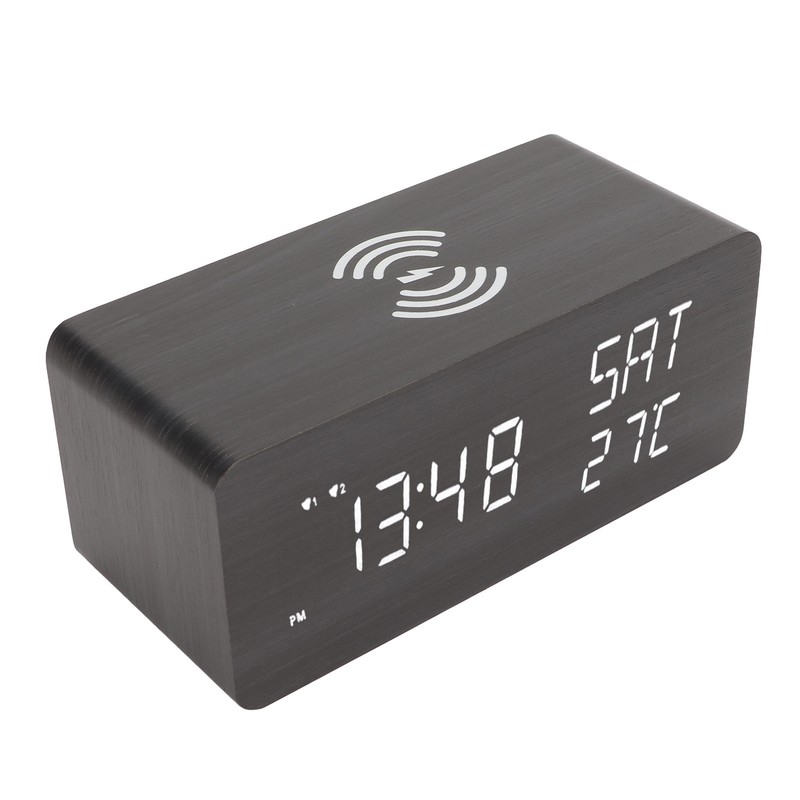 Wooden Digital Alarm Clock with Wireless Charging Black Adjustable Brightness