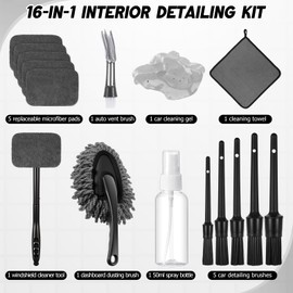 Wovnet 16 Pcs Windshield Cleaner Tool, Car Cleaning Kit with Various Detailing Brushes Set Spray Bottle Cleaner Towel Cleaning Gel Accessories Car Interior Detailing Kit for Windows Vents(Gray)