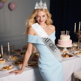 AHONEY Birthday Girl Crown and Sash for Girls Women Silver Tiara Rhinestone Headband Princess Crown Happy Birthday Accessories