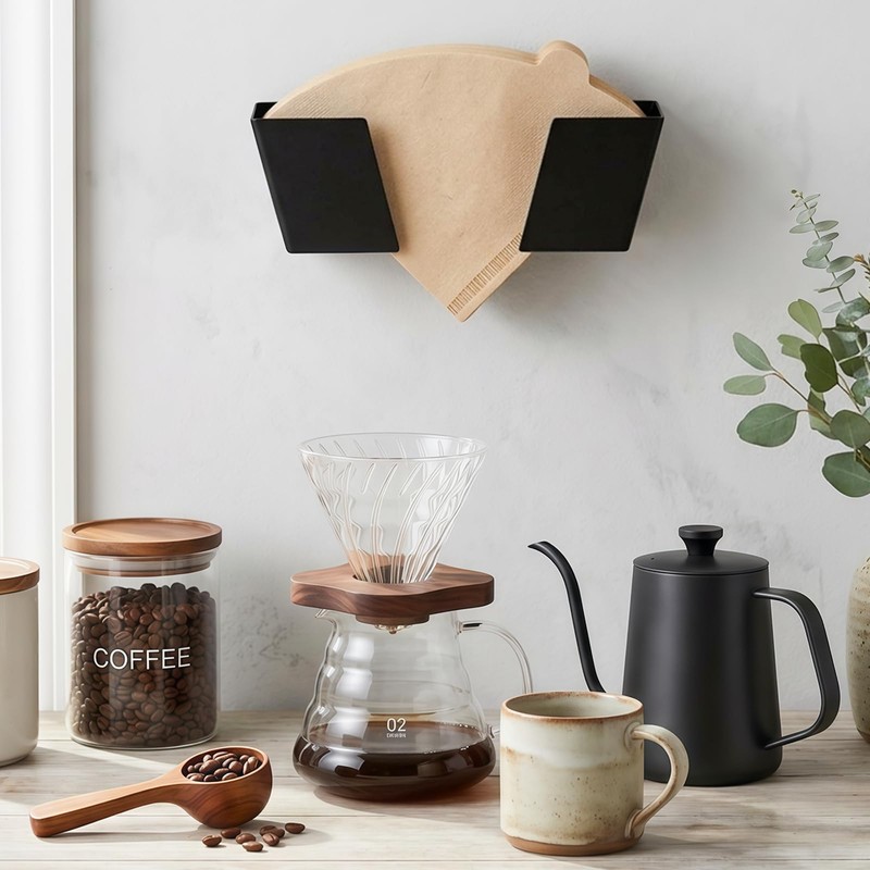 TAIANJI Wall-Mounted Coffee Filter Holder, Iron Cone Paper Rack, Black