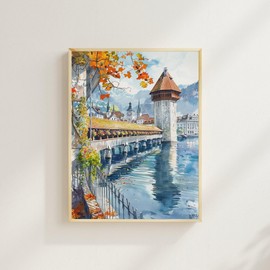 BelulaArt Lucerne Watercolor Wall Art Home Decor Print, Switzerland Print, Chapel Bridge Print, Lake Lucerne, Lucerne Travel Print, Housewarming Gift, 11x14