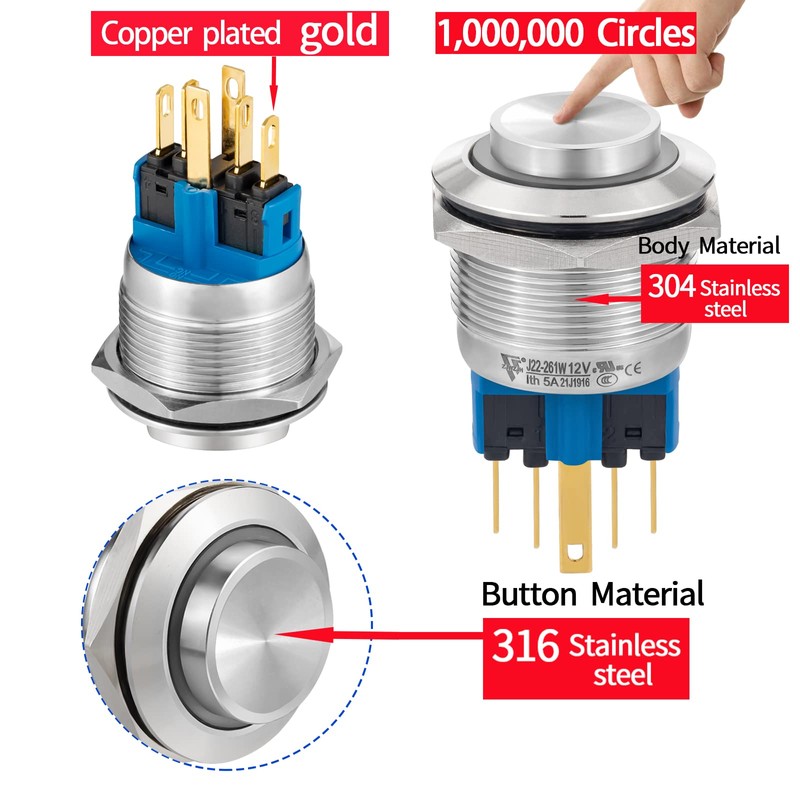 22mm Push Button Switch Momentary Latching High Round Waterproof IP67