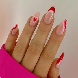 Valentine's Day Press on Nails Medium Almond Love Heart Stripe False Nails with Design Irregular French Fake Nails Artificial Acrylic Nails Full Cover Glossy Coffin Nails Glue on Nails for Women 24Pcs