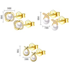 HinDaLi 3 Pairs 925 Sterling Silver Pearl Stud Earrings for Women Girls Diamond Gold Studs Earrings Gold Pearl Earrings Stud Round Women Earrings Gold Sleeper Cubic Zirconia Gold Earrings Set