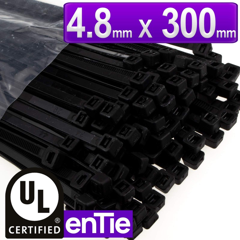 enTie Black Cable Ties 4.8mm x 300mm Nylon 66 UL
