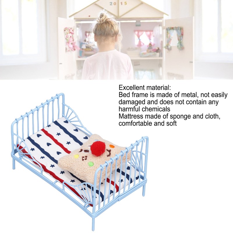 1:12 Miniature Bed Metal Structure Cute Pattern Sponge Cloth Mattress