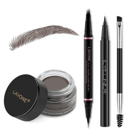 Eyebrow Pencil Makeup Kit, with Waterproof 2-IN-1 Microblading Eyebrow Pen, Eyebrow Pomade, Eyeliner and Dual-ended Eyebrow Brush, Brow Pencil Kit for Natural Eyebrows - Ebony
