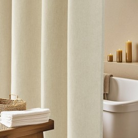 Seenus Beige Extra Long Thick Fabric Shower Curtain 72 x 90 Inch, Rustic Faux Linen Polyester Shower Curtain Water-Resistant, Cream Heavy Duty Shower Curtains Washable for Tall Bathrooms