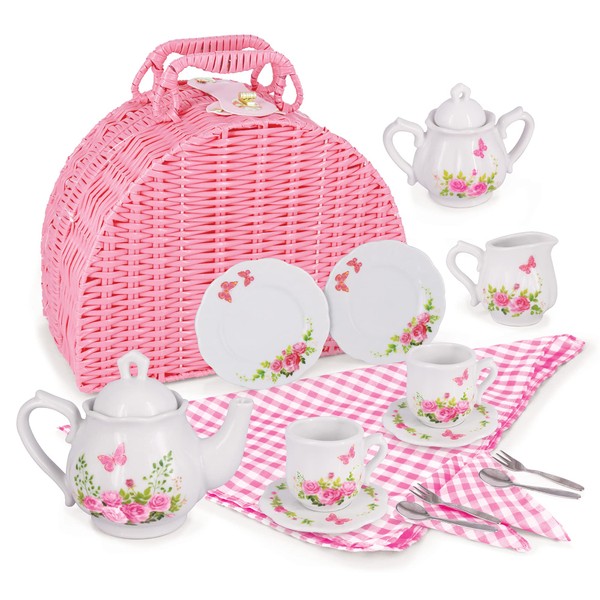 Jewelkeeper Porcelain Tea Set for Little Girls with Pink Picnic Basket, Floral Design, 18 Pieces