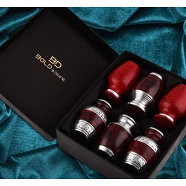 Bold & Divine Small Cremation Urns for Human Ashes | Set of 6-3 Cubic Inches | Mini Keepsake Red and Silver with Velvet Case