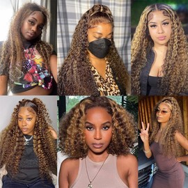 Dokksiiia Highlight Honey Blonde Bundles P4/27 Piano Color Curly Wave Bundles Human Hair Dark Brown and Honey Blonde Mix Double Weft Brazilian Human Hair Extensions 20 22 24 Inch