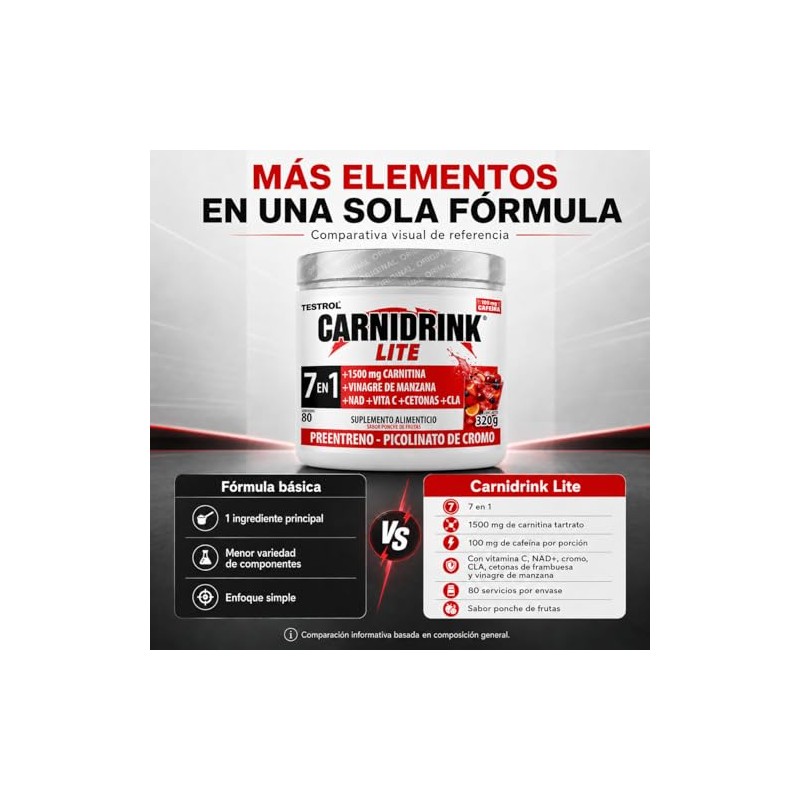 Preentreno Carnidrink Carnitina Bebible Polvo Tartrato 1500mg Cafeína Nad Vinagre