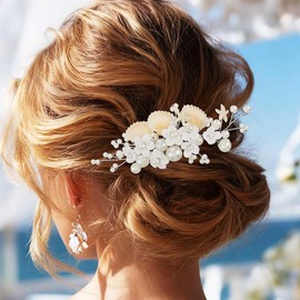 GORAIS Flower Wedding Hair Comb Shell Bridal Hair Piece Pearl Mermaid Beach Hair Accessories for Brides and Women