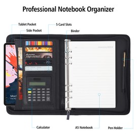 Zippered Leather Business Portfolio, Black Professional Executive PU Leather Business Portfolio Notebook for Men or Women with Calculator, Pockets for Cards and Tablet and Pen Holder