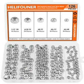 #4-40#6-32#8-32#10-24 1/4"-20 Lock Nuts, HELIFOUNER 126 Pieces 5 Sizes Nylon Insert Hex Lock Nuts Assortment Kit, 304 Stainless Steel (18-8) Locknuts, Coarse Thread
