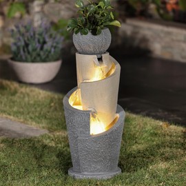 LuxenHome Outdoor Water Fountain, 27 Inch Resin Cascading Water Fountains Indoor with LED Lights, Modern Garden Decor, Small Waterfall Fountain, Outdoor Fountains and Waterfalls