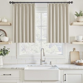 UHITECH Pinch Pleated Short Blackout Curtains 35 Inch Long Natural Black Out Curtain for Kitchen Window Panels Living Room Darkening Drapes Thermal for Basement