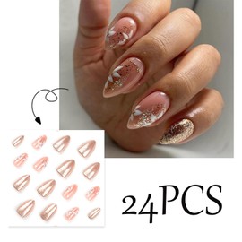 White Flower Short Press on Nails Almond Fake Nails with Sparkly Gold Glitter Design Glue on Nails Stick on Nails Summer Floral False Nails Solid Color Acrylic Nails for Women Manicure 24pcs