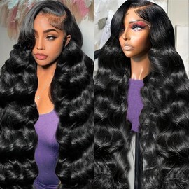 34 Inch 200% Density Body Wave Lace Front Wigs Human Hair Pre Plucked HD Transparent Lace Frontal Wigs Human Hair 13x4 Lace Frontal Wigs Glueless Human Hair Wigs for Women Natural Black Color
